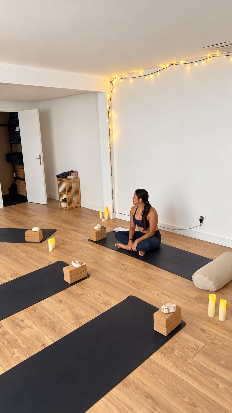 Hilary welcoming students into an indoor yoga studio prepared with mats, blocks, straps, and candles