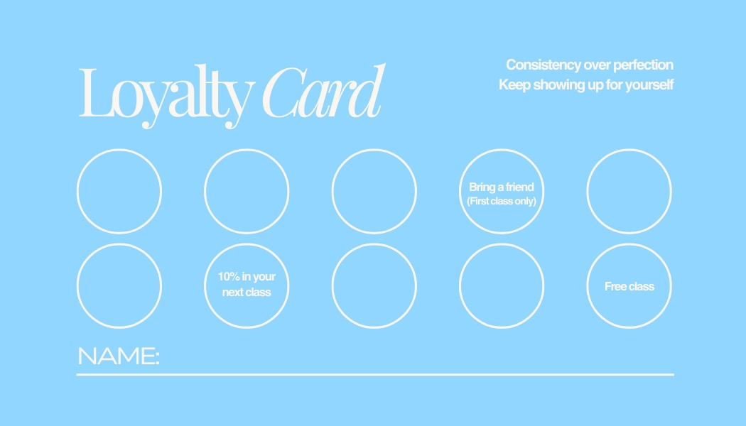 Front of the Hilary Flow Club loyalty card with ten stamp spaces and rewards